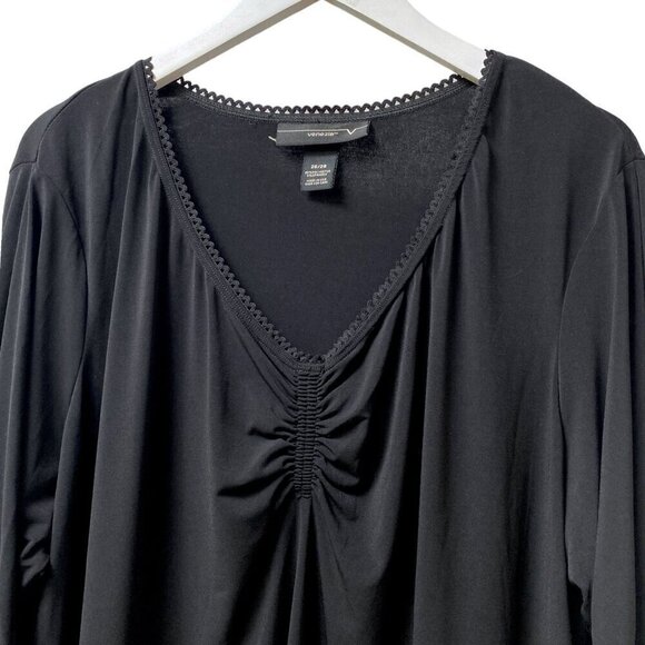 VENEZIA Top Plus Size 3X Black Stretch Jersey Ruched - Picture 2 of 8